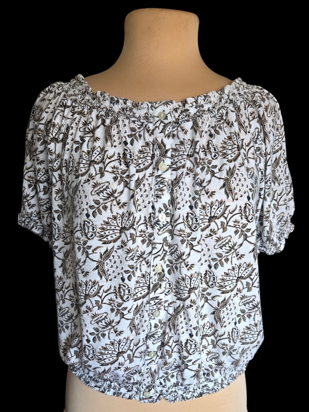 Lucky Brand White Top with Brown Floral Print Sz M